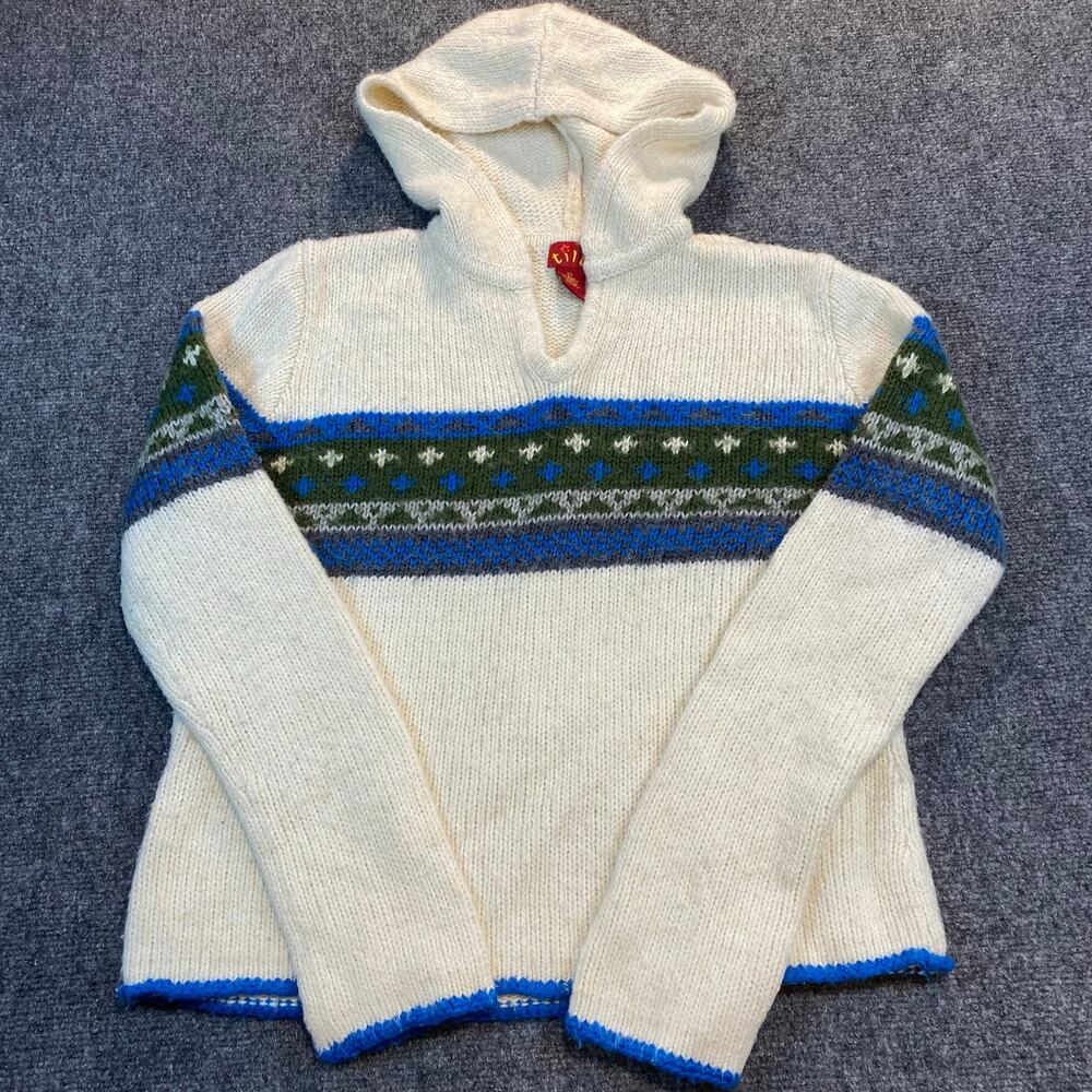 Vintage 80s Tilt Women's XL Wool Acrylic Blend White Fair Isle Hooded Sweater
